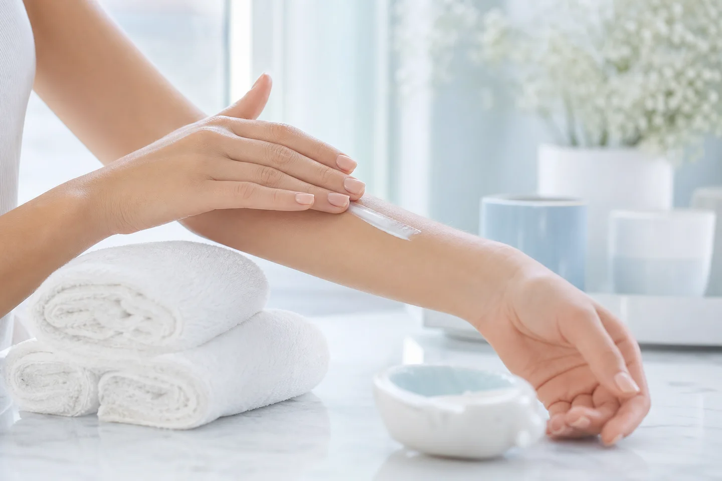 Smoothing body lotion onto a forearm