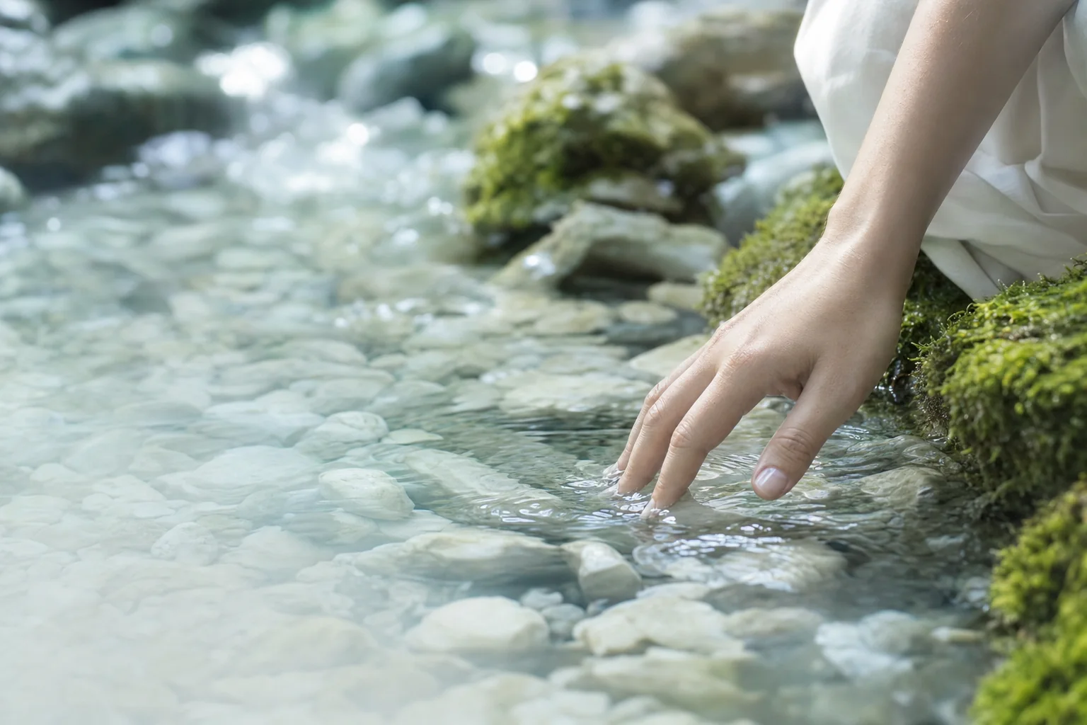 A hand resting in a clear mountain spring flowing over pale pebbles