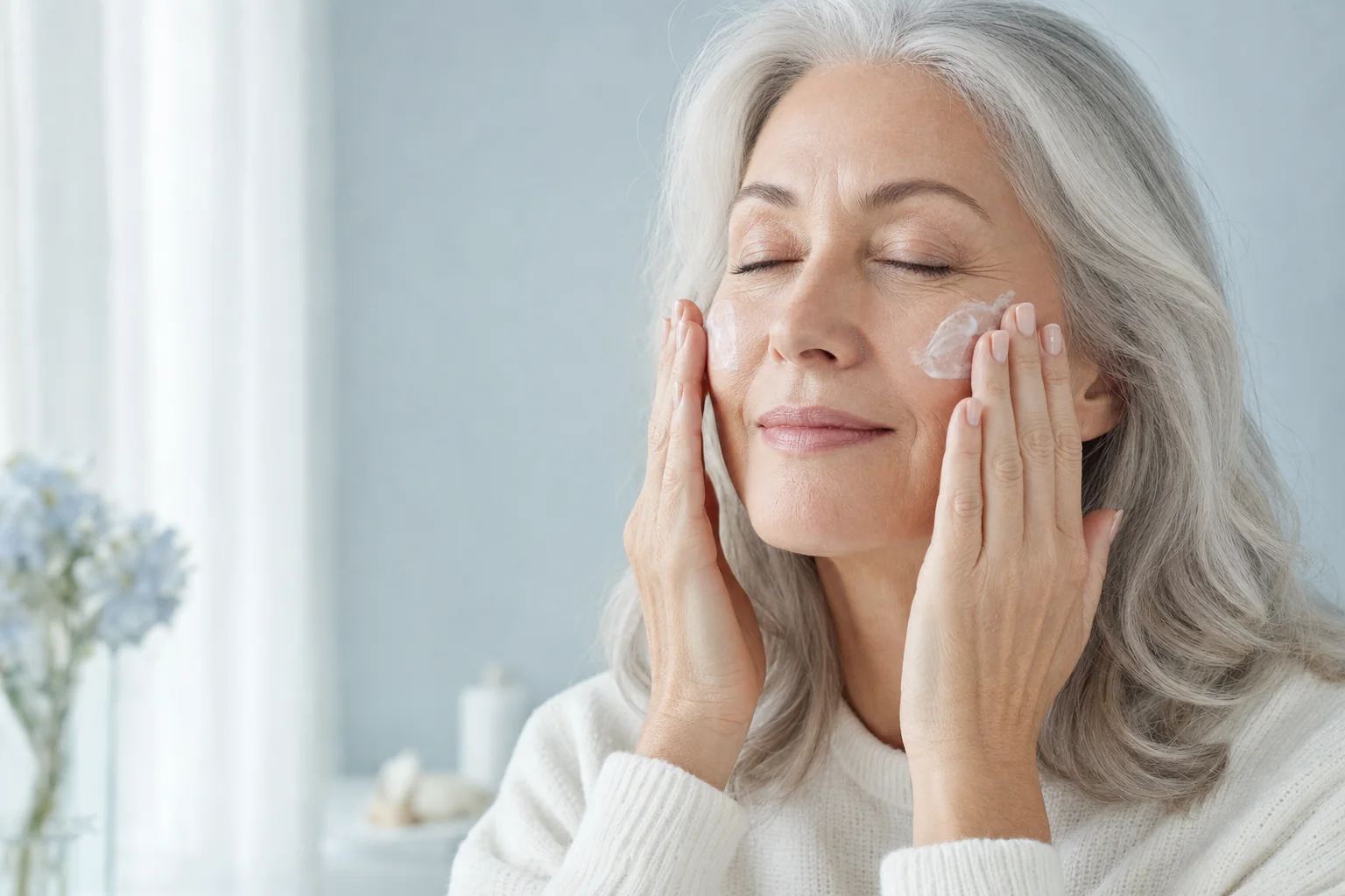 A woman with silver hair gently pressing cream into her cheeks with her palms