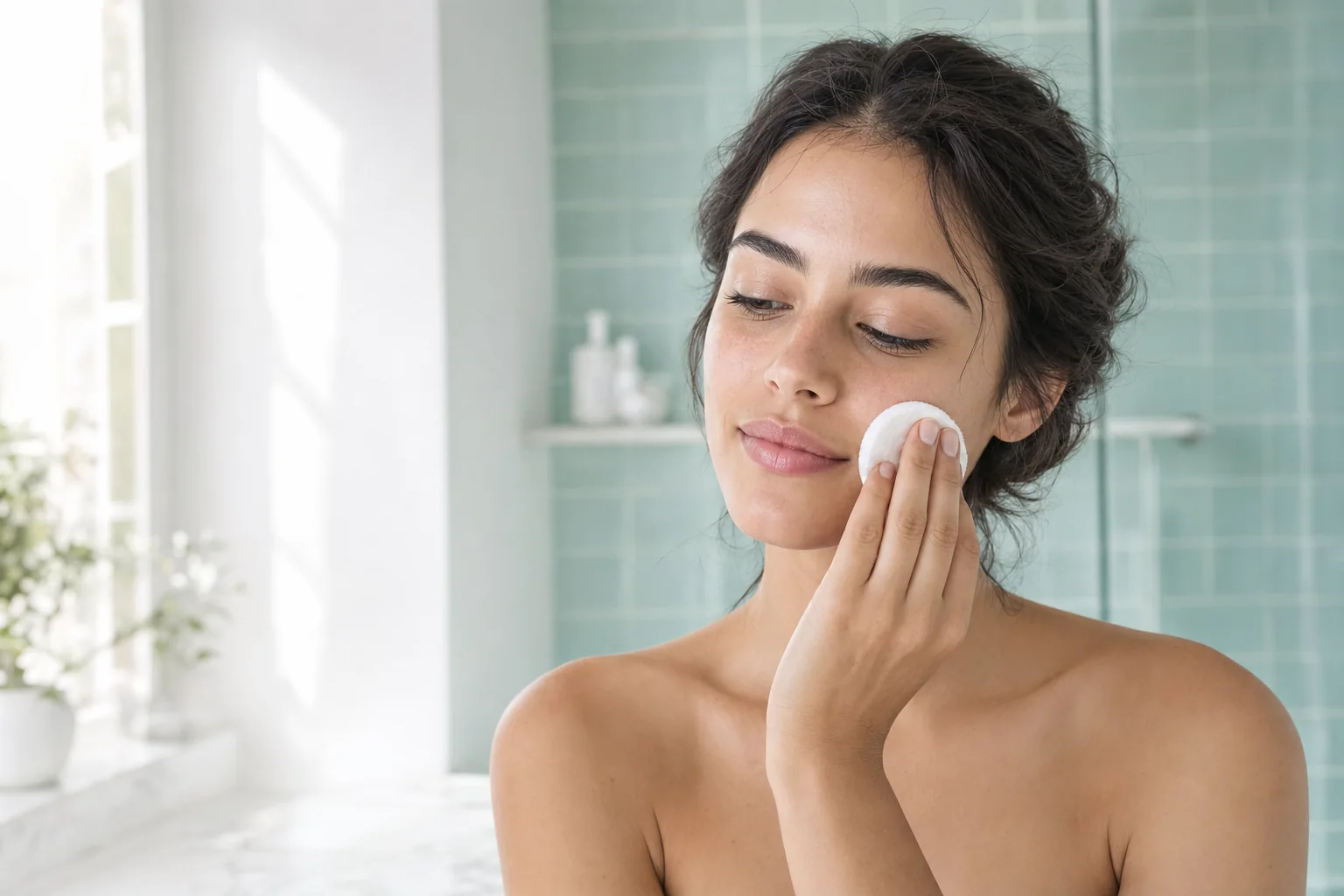 A woman sweeping a soft cotton pad across her cheek