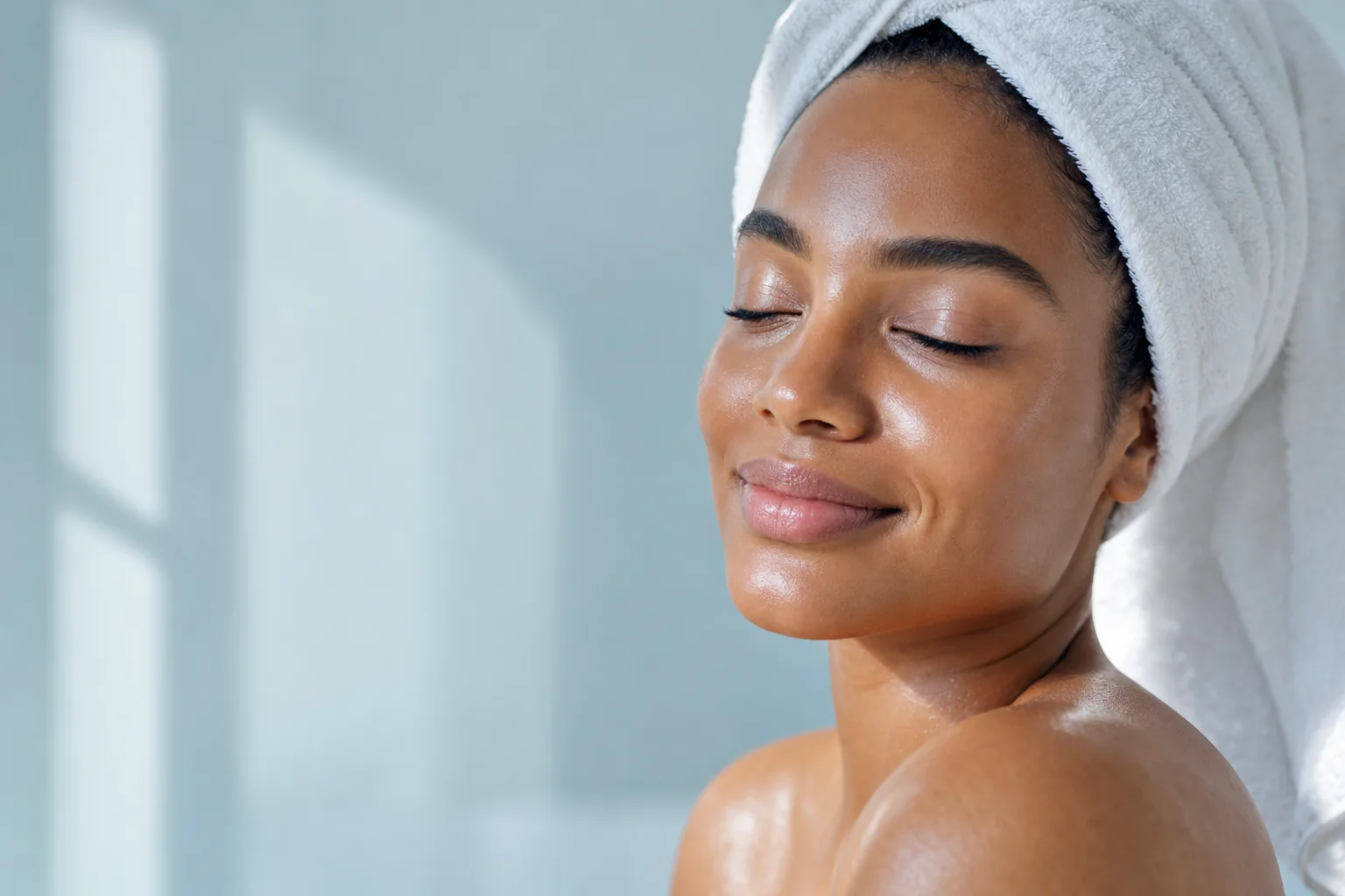 A woman with a fresh post-facial glow and a towel wrapped around her hair