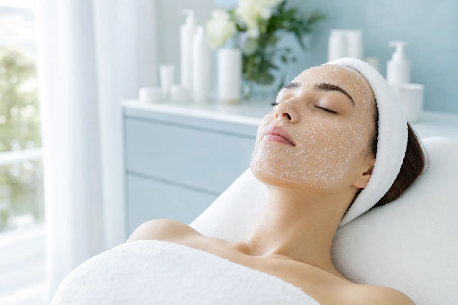 A woman relaxing with a clear, gently bubbling gel mask on her face