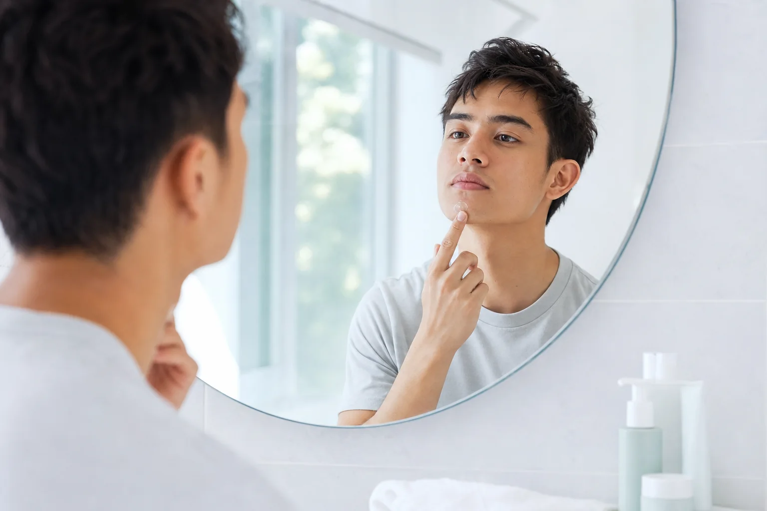 A young man applying a dot of clear gel to his chin in a round mirror