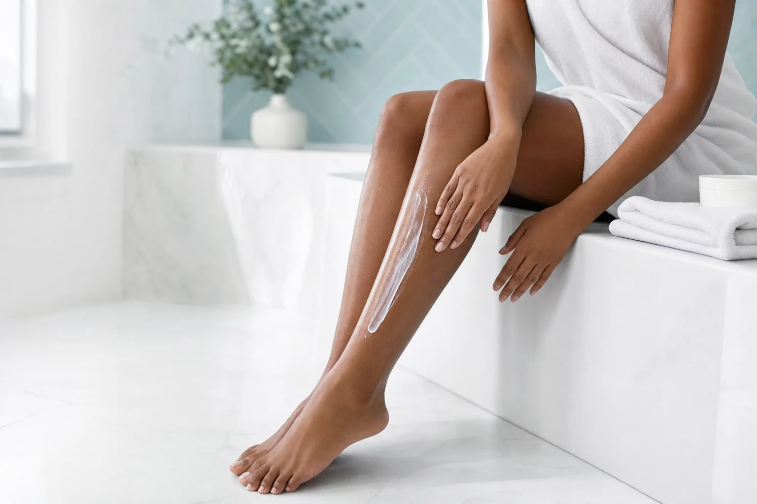 A woman seated on a white marble bath ledge smoothing body lotion down her shin