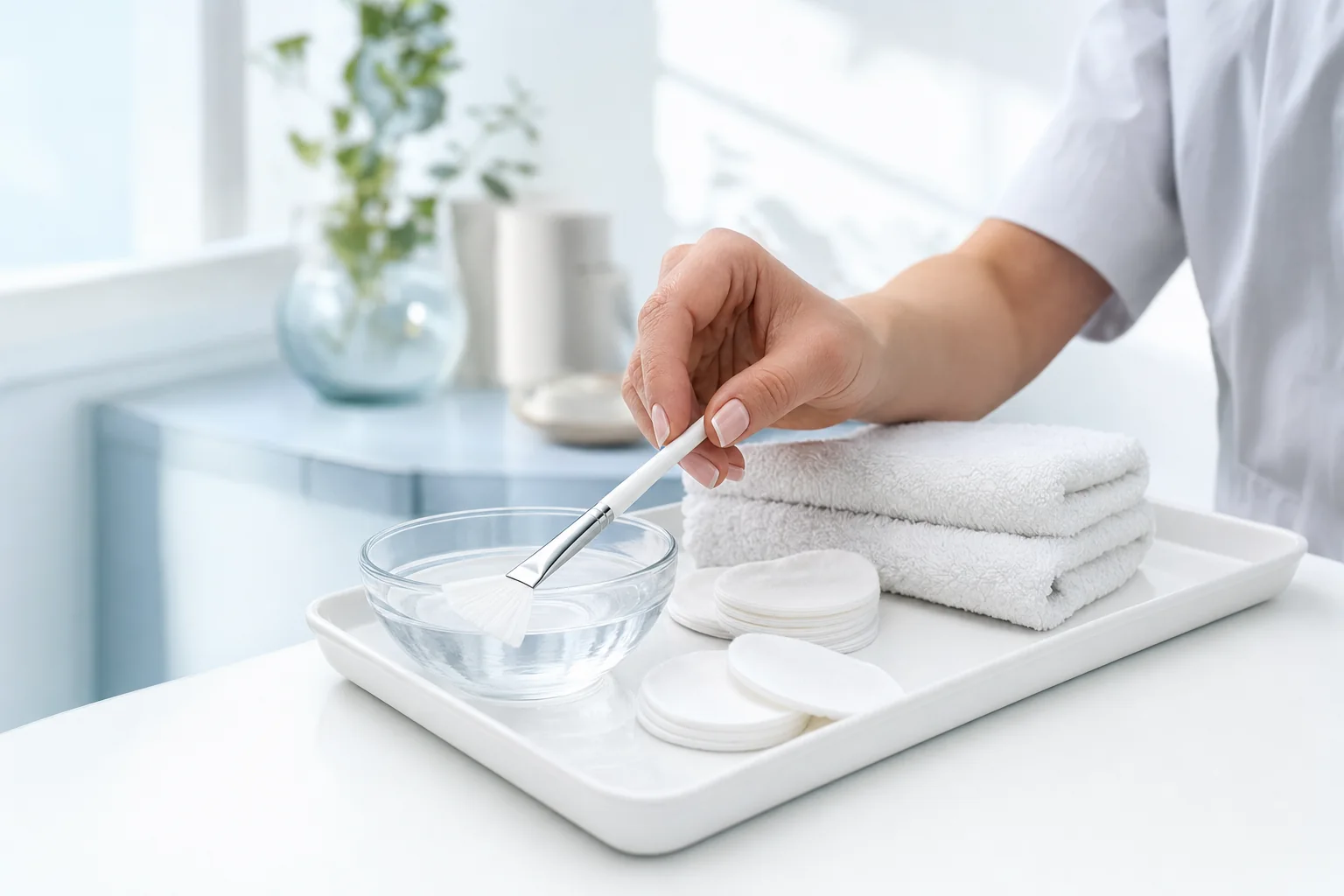 A hand dipping a white fan brush into a glass bowl of clear peel solution on a white treatment tray