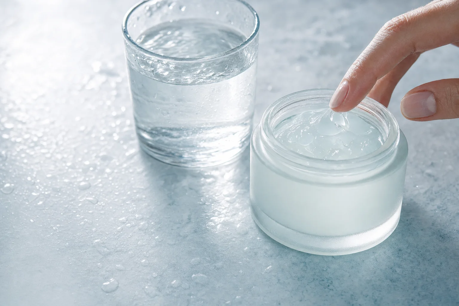 A glass of water beside a frosted-glass jar of gel cream on wet pale-blue stone