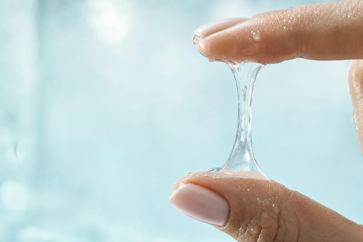 A clear, silky hyaluronic serum stretching between a thumb and finger