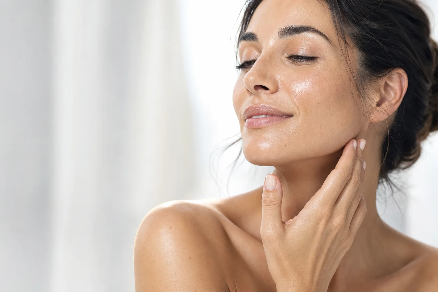 A woman with dewy olive skin catching the morning light on her cheekbone