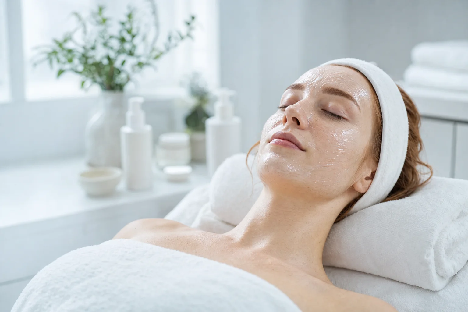 A woman resting on a treatment bed with a soothing masque on her face