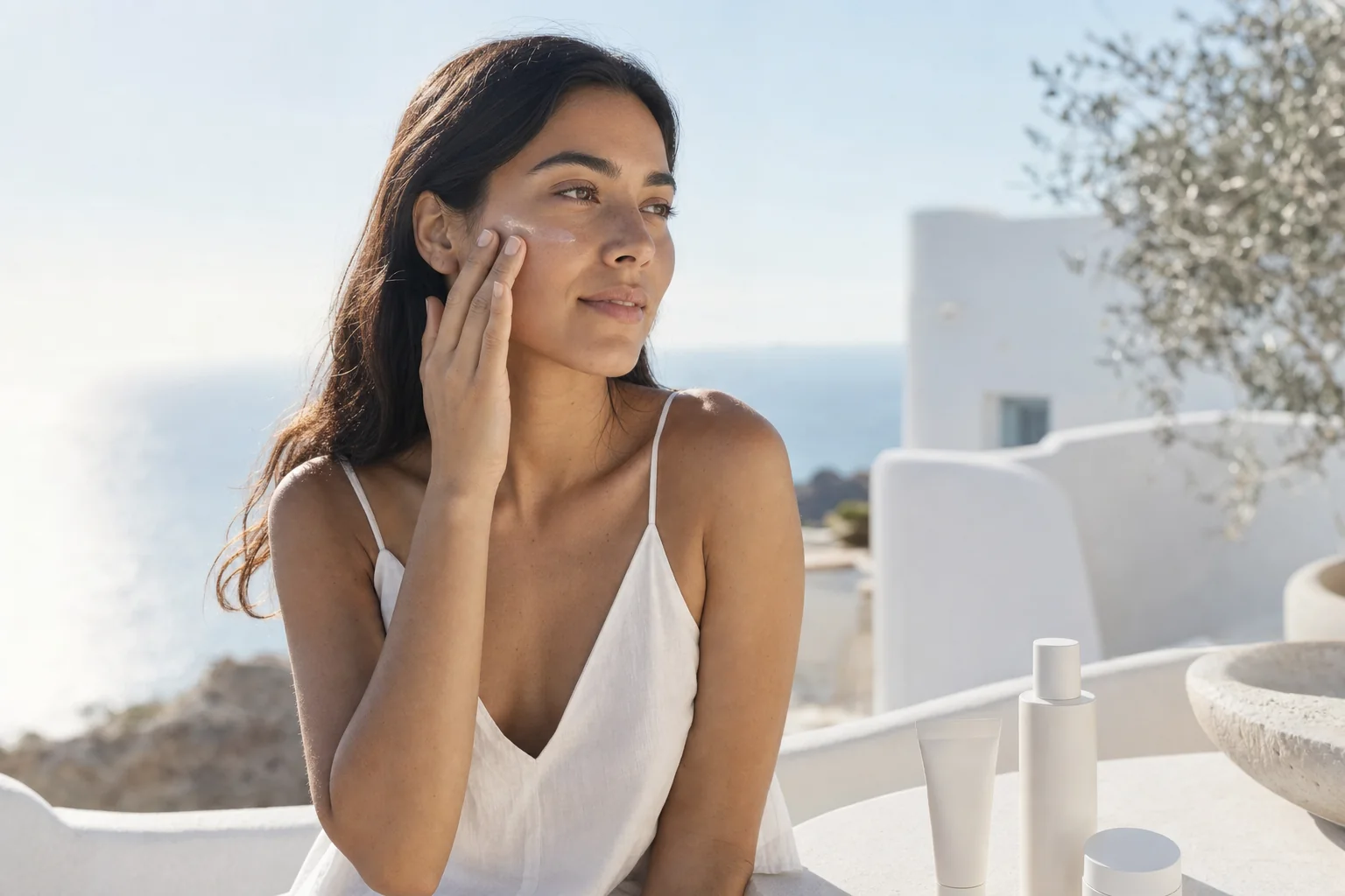 A woman applying a sheer sunscreen on a sunlit Mediterranean terrace