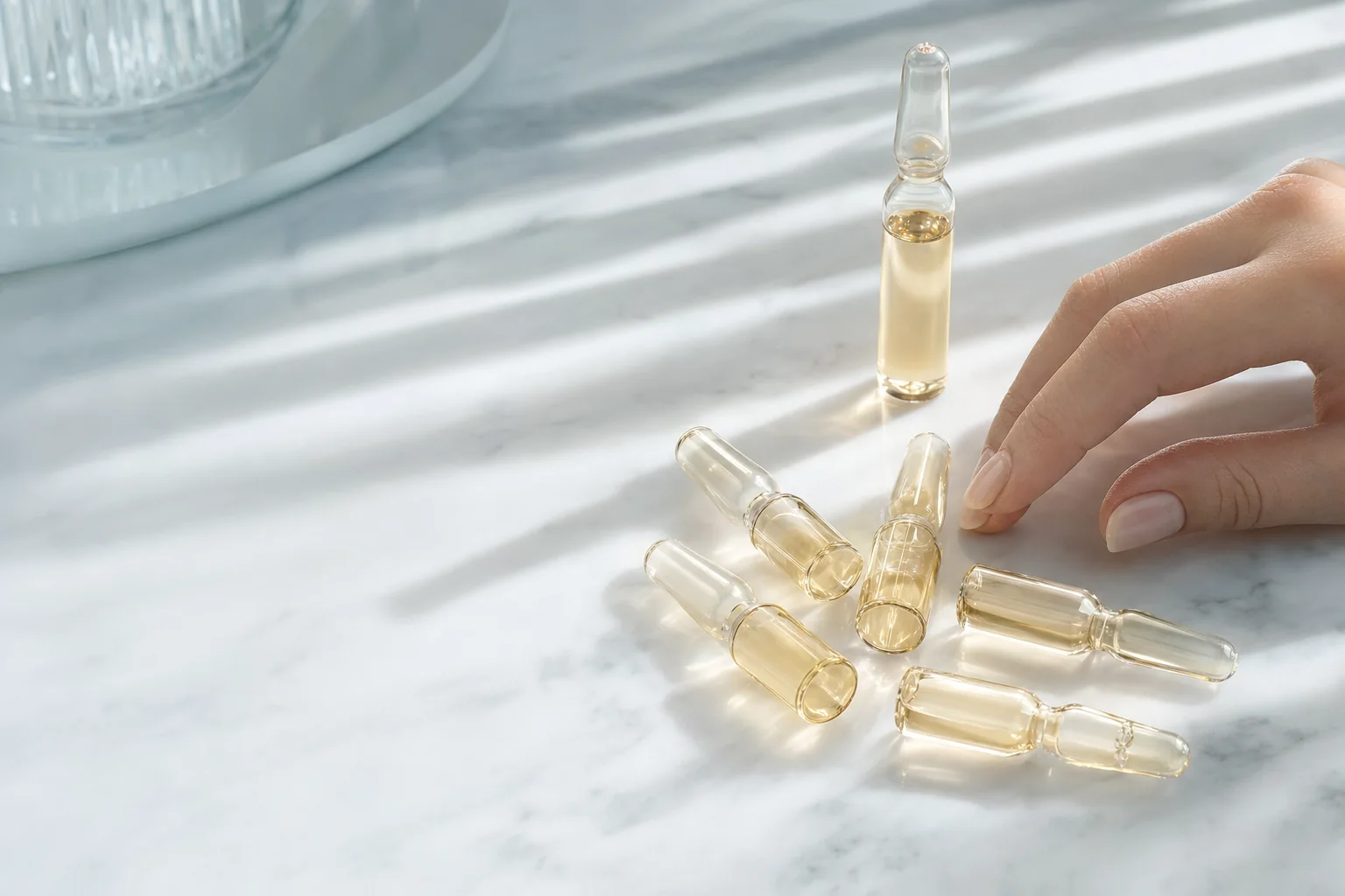 Small clear glass ampoules of golden serum on marble in shuttered morning light