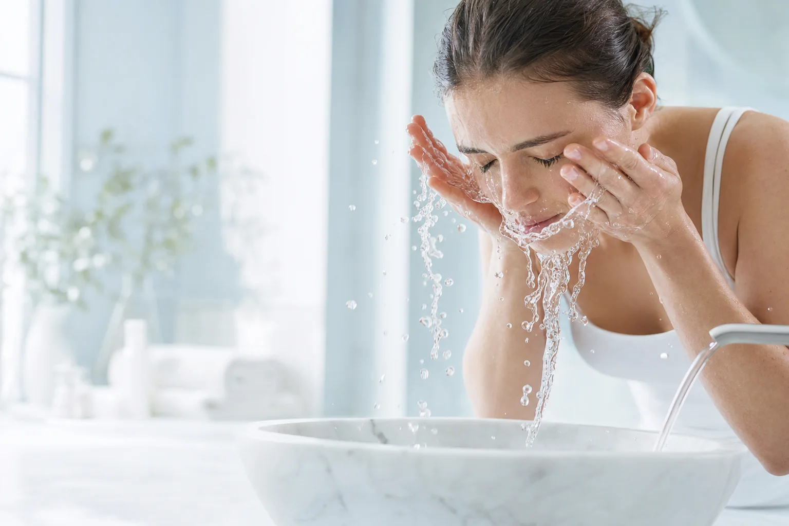 A woman splashing water onto her face at a white stone basin