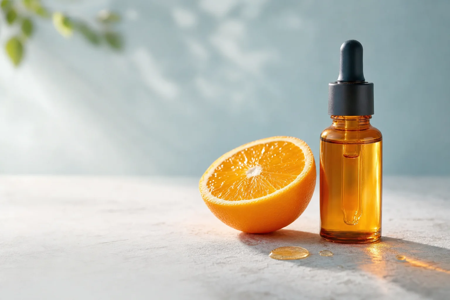 A halved orange beside an amber dropper bottle and drops of golden serum