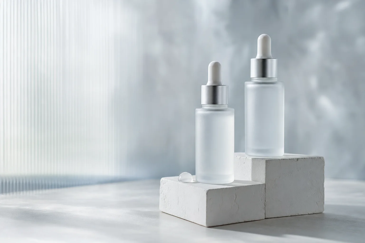 Two plain frosted-glass serum bottles standing on white plaster blocks