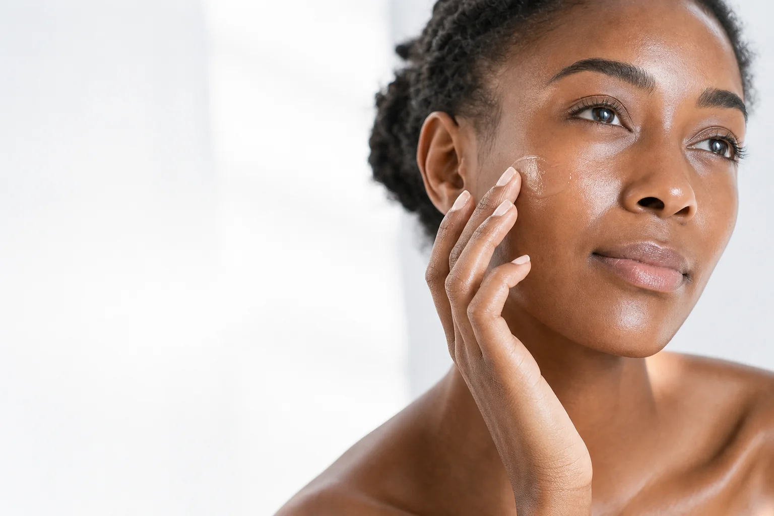 A woman with a luminous complexion pressing serum onto her cheekbone