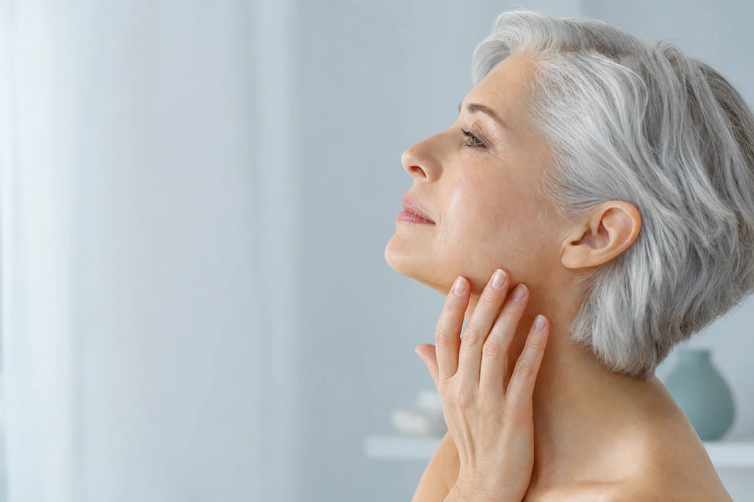 A woman with short silver hair sweeping her fingertips along her jawline