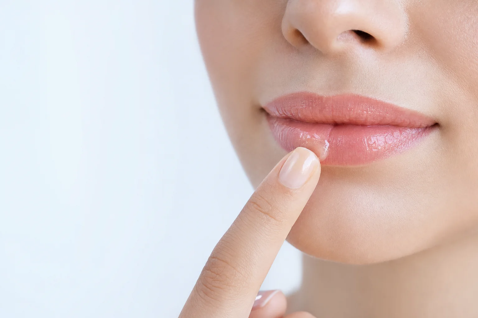 A fingertip dabbing clear balm onto softly smiling lips