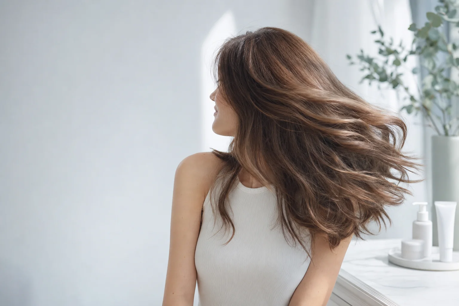 A woman with thick, voluminous wavy hair turning toward the light
