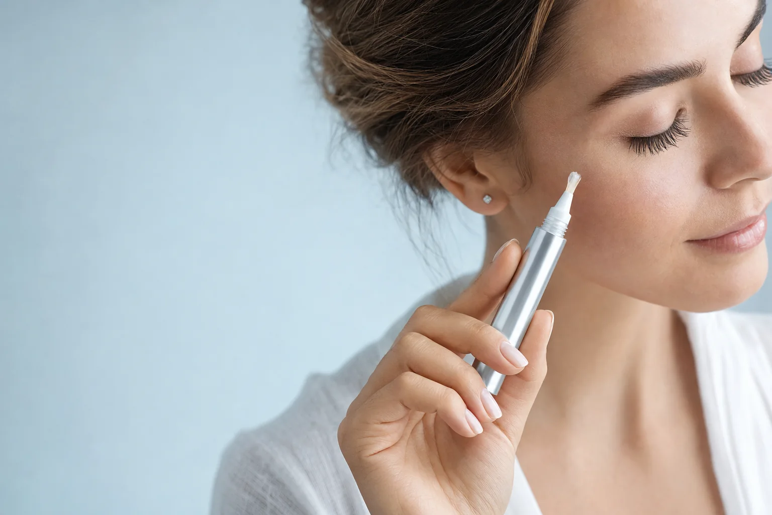 A woman with long, full lashes holding a slim serum tube with a fine brush tip