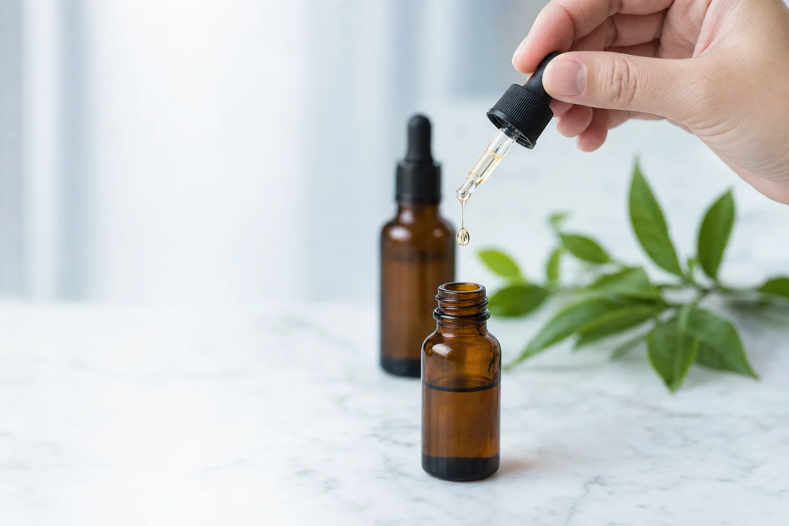 A drop of golden serum falling from a glass dropper beside an amber bottle