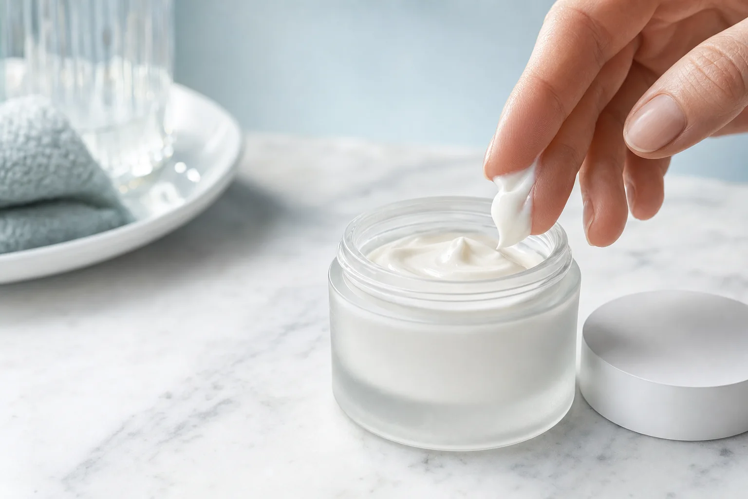 A fingertip lifting rich ivory cream from an open frosted-glass jar