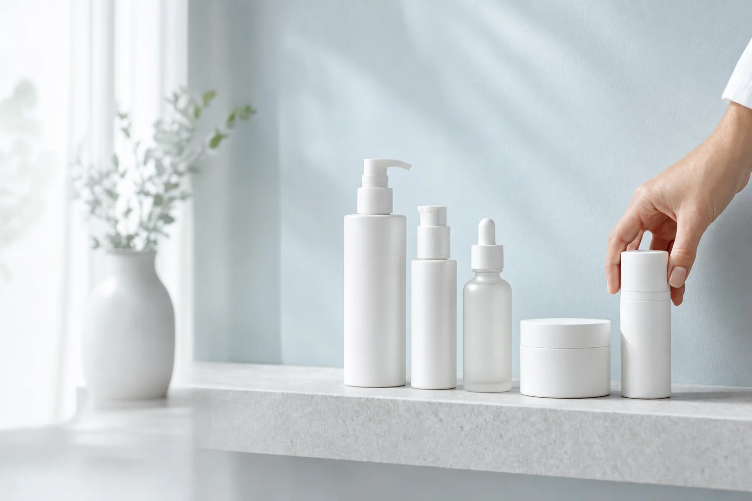 A hand placing the last bottle in an orderly row of plain skincare bottles and jars