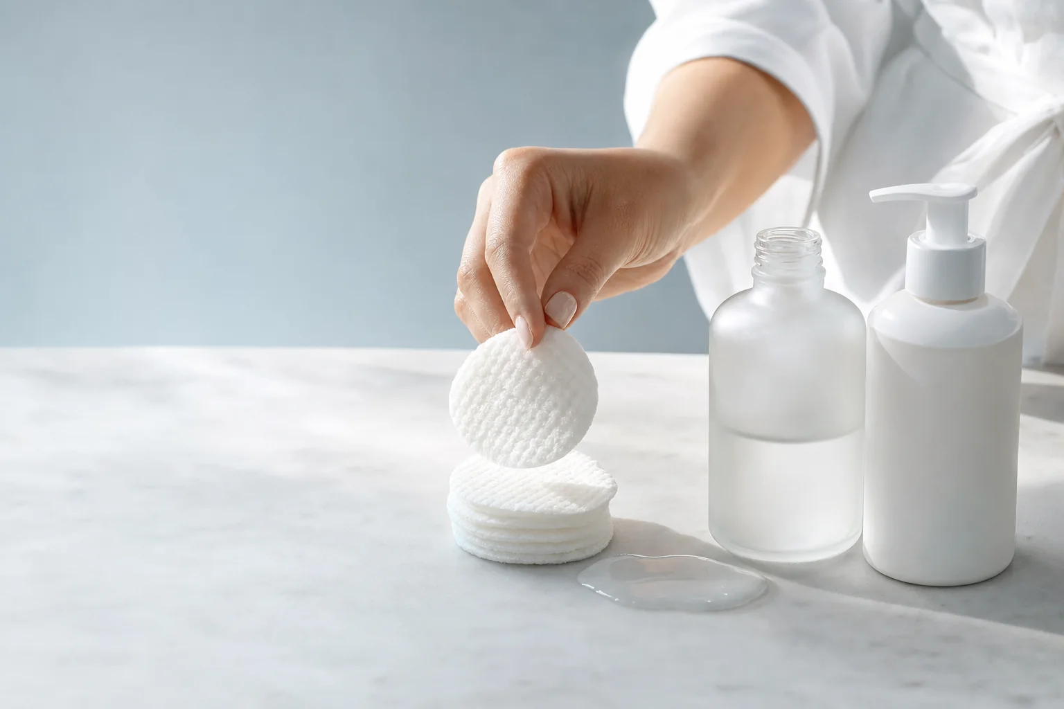 A hand lifting a cotton exfoliating pad beside plain skincare bottles on white stone