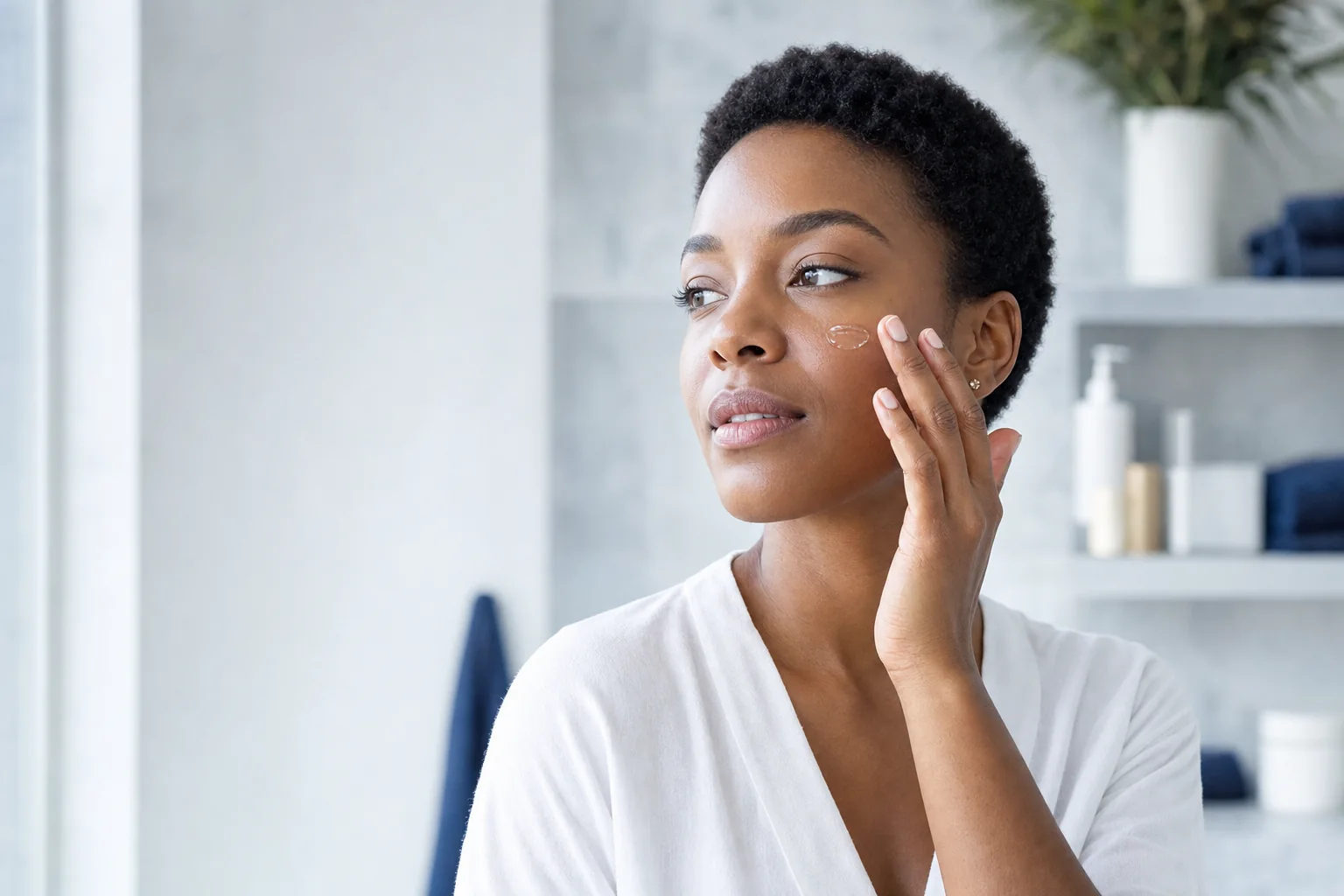 A woman touching her cheekbone beside a small dot of clear treatment gel, gazing toward a bright window