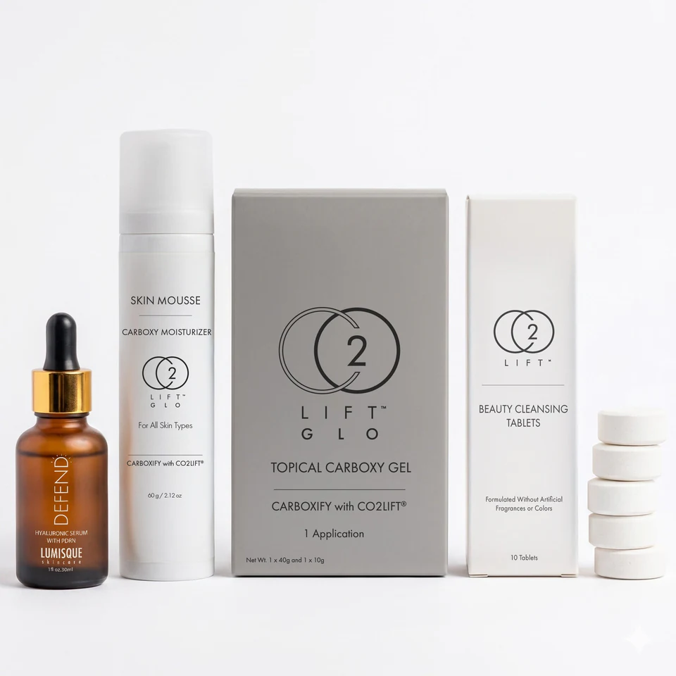 CARBOXY Starter Kit with GLO gel, Beauty Cleansing Tablets, DEFEND serum, and Skin Mousse