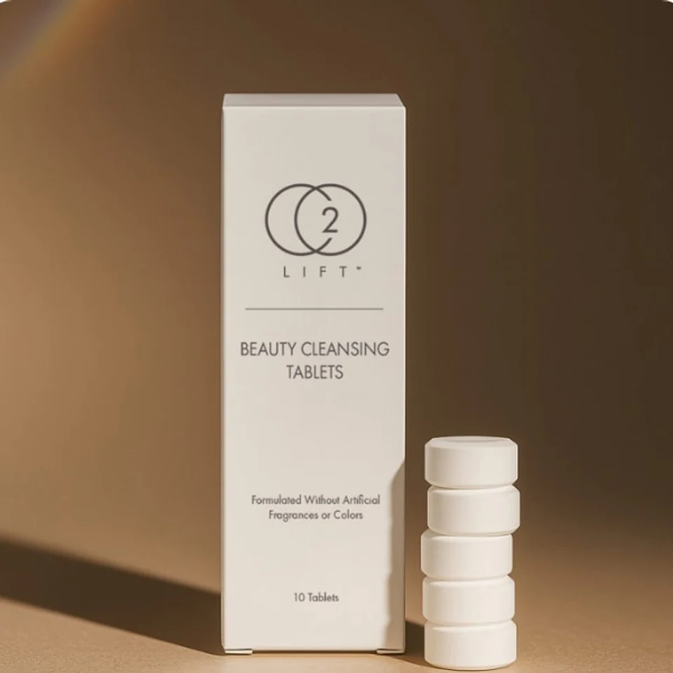 CO2Lift Beauty Cleansing Tablets 10-tablet box with stacked white tablets