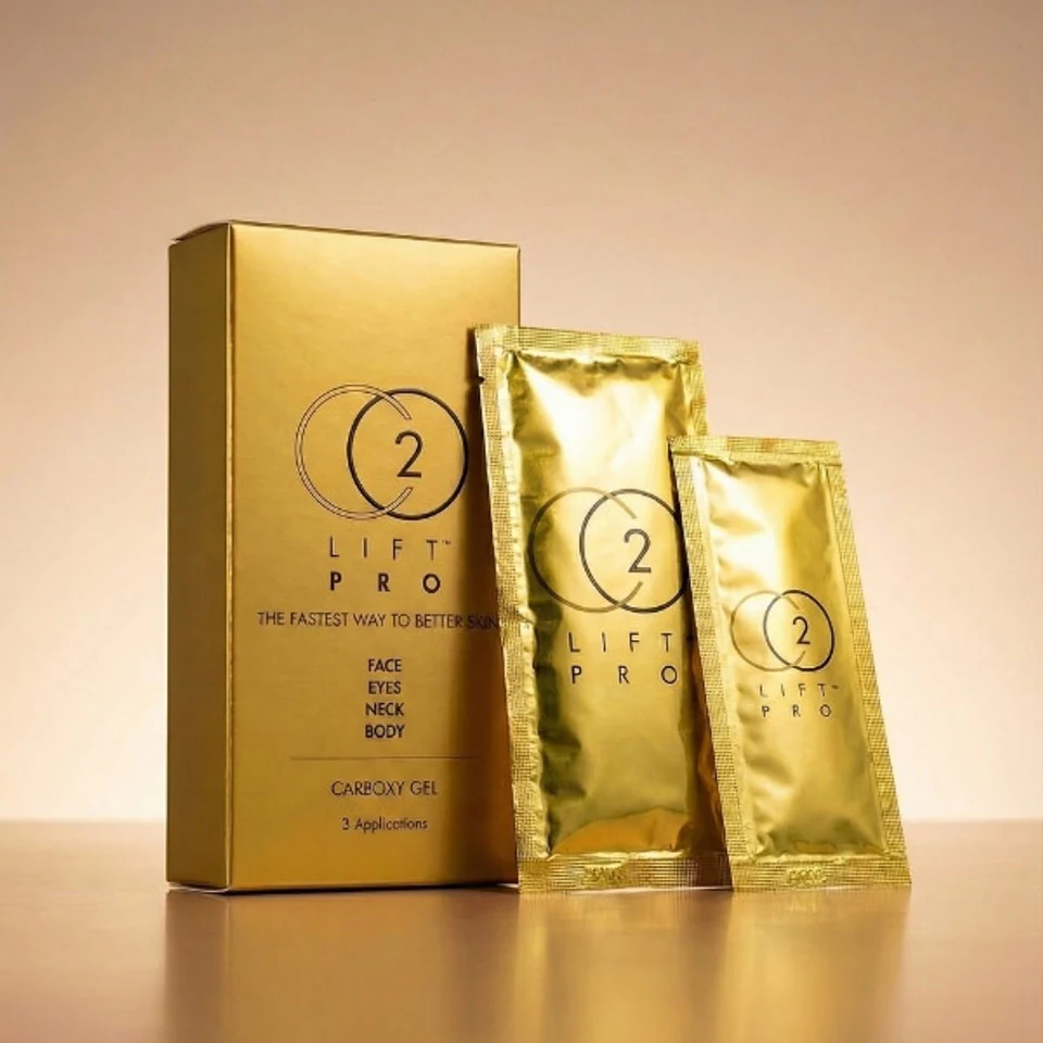 CO2Lift PRO three-application topical carboxy gel box with Packet A and Packet B sachets