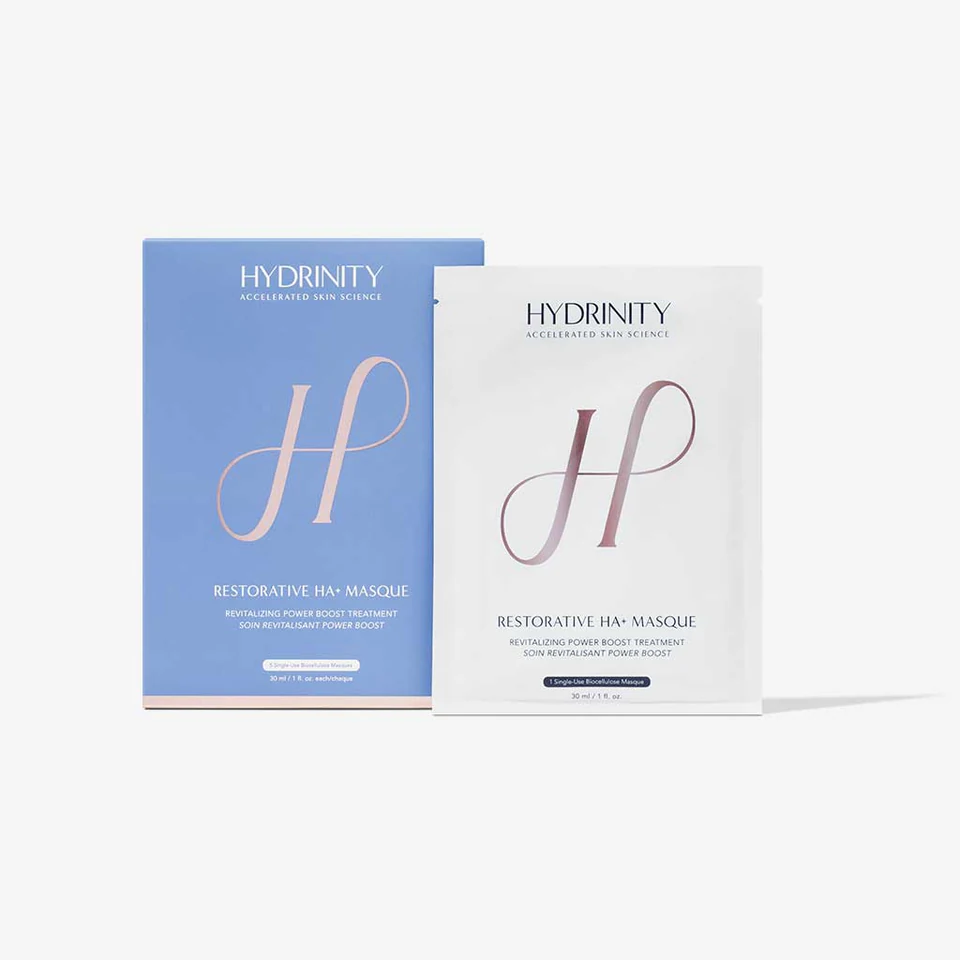 Hydrinity Restorative HA+ Masque five-count box and single-use pouch